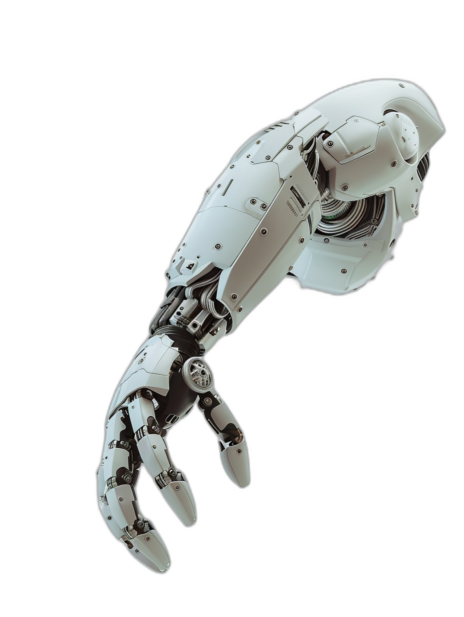 A white robot hand with black background, robotic skin texture, mecha style, high resolution, scifi style, mechanical structure, detailed details and metal parts. The palm is extended upwards in an open gesture. A strong sense of technology.,,in