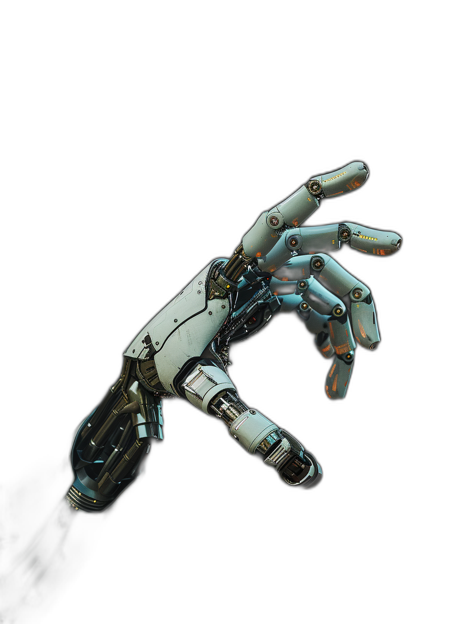 A robot hand reaching out to the viewer, isolated on a black background, in a hyper realistic style.