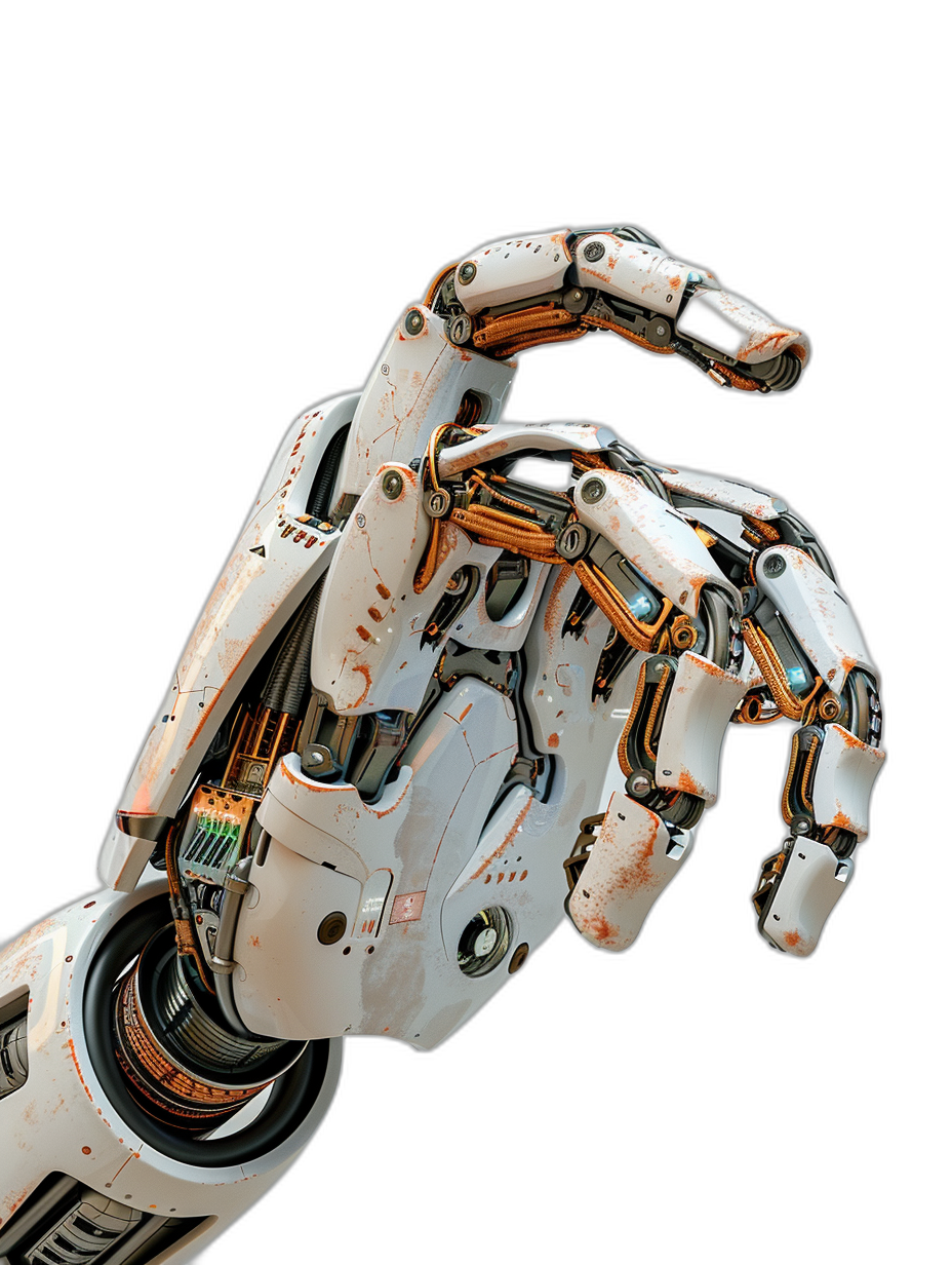 A white robot hand with rusty metal and orange details, pointing to the right on a black background, in the style of hyper realistic photography.