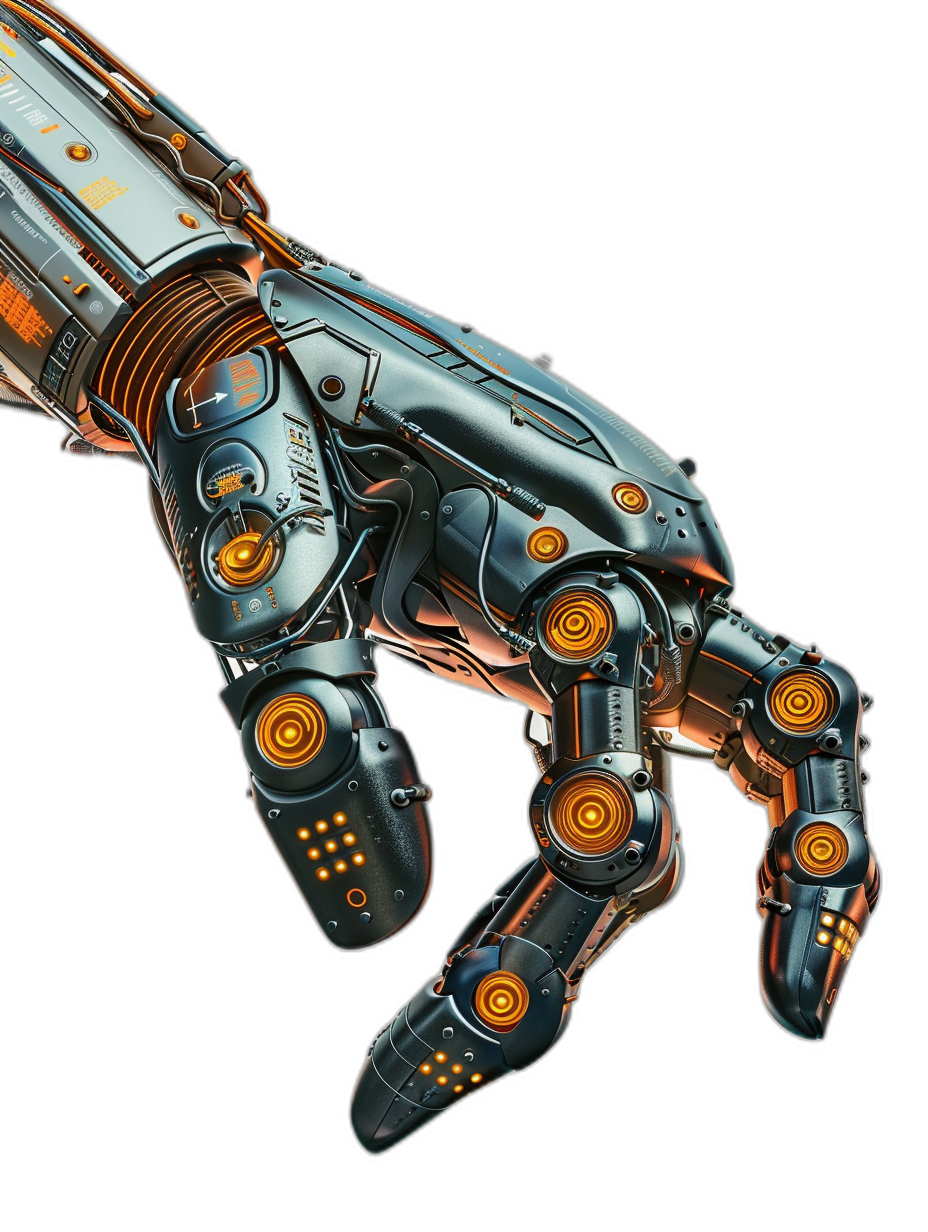 A robotic hand with orange and black metal details, reaching out towards the viewer on an isolated background. The design features sleek lines and glowing LED accents that highlight its advanced technology. A closeup shot captures every detail of its metallic surface against the stark contrast of deep shadows. This high-resolution image is a masterpiece in the style of digital artistry, showcasing vivid colors and intricate textures to bring this futuristic robot arm to life.