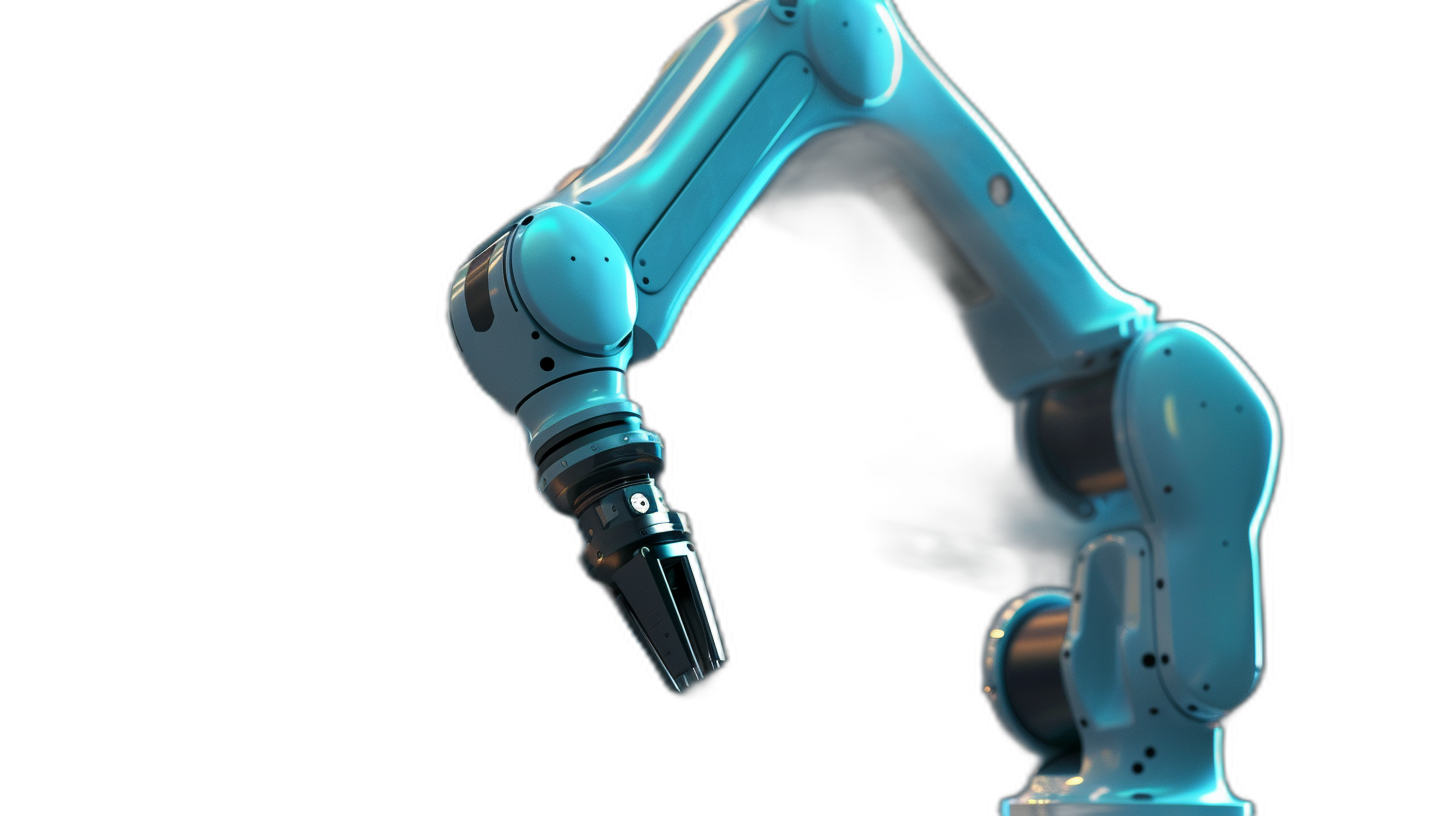 Blue robotic arm on a black background, isolated, 3D rendering illustration. Closeup shooting, 4K, ultra realistic, high detail, in the style of Agfa Vista Plus 200, stock photography, light blue robot hand with white and silver tools.