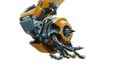 3d render of robotic arm with a lot mechanical parts on black background, yellow and silver colors, side view, hyper realistic, octane rendering, high resolution photography, insanely detailed, fine details, isolated plain, stock photo, professional color grading, award winning photograph