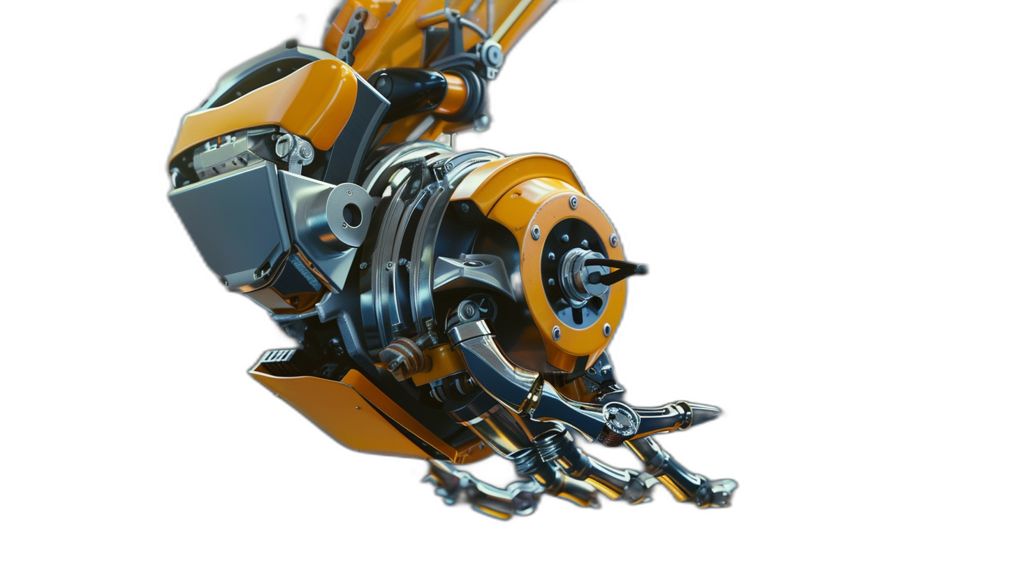 3d render of robotic arm with a lot mechanical parts on black background, yellow and silver colors, side view, hyper realistic, octane rendering, high resolution photography, insanely detailed, fine details, isolated plain, stock photo, professional color grading, award winning photograph