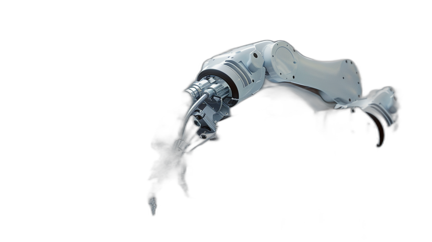 3d render of white robot arm reaching out from dark black background, side view, high resolution, high detail, cinematic lighting, volumetric fog