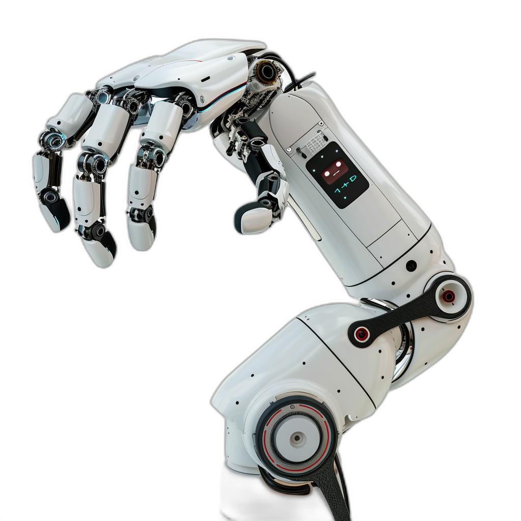 3D rendering of a white robot hand with a digital display on its palm, on a black background, from the side. The style is reminiscent of work by Japanese roboticist Hiroshi Ishiguro.