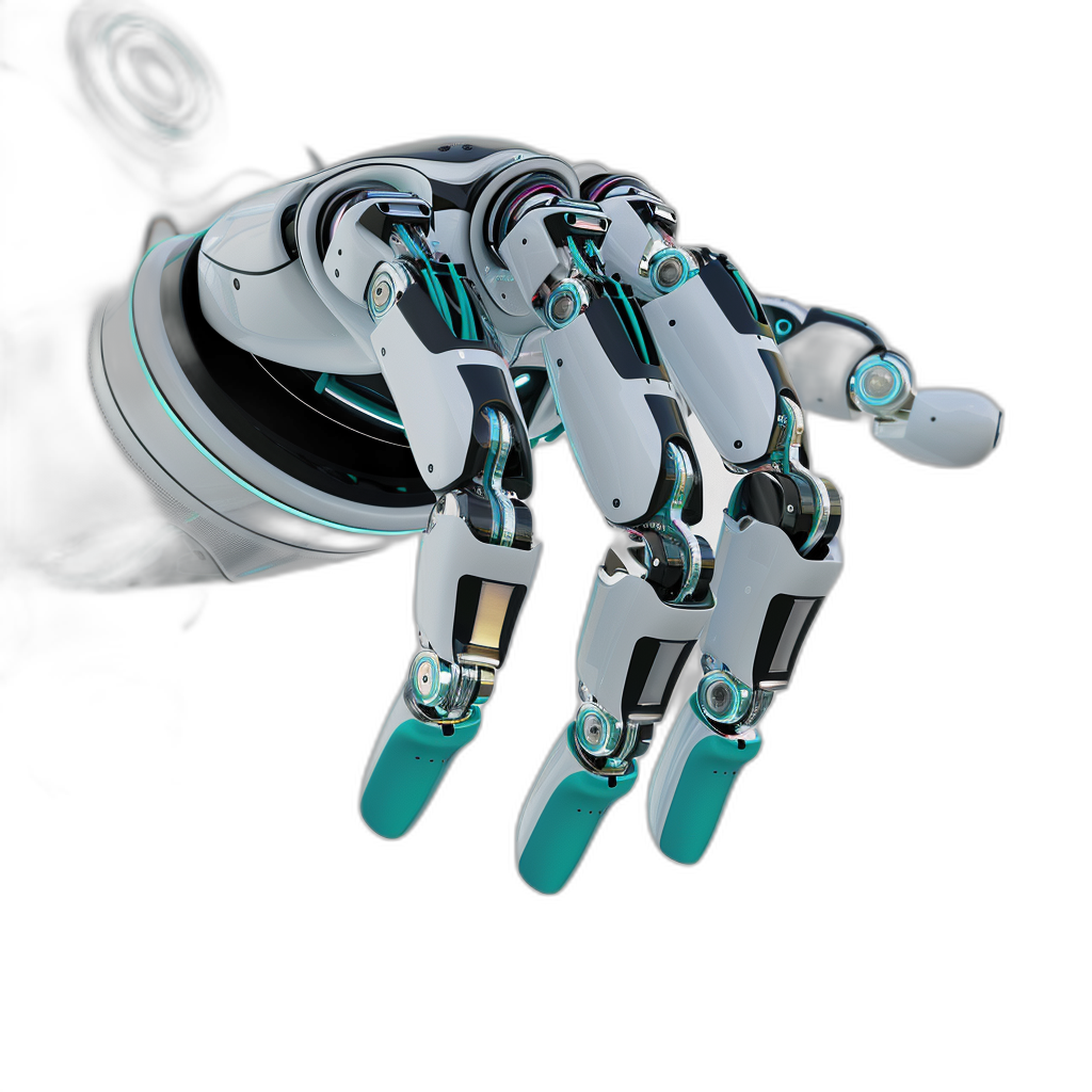 3D render of a white and teal robot hand on a black background, with a hyper realistic style, high resolution, high definition, high quality, high detail, sharp focus and sharp details, rendered in the style of Octane with 8K resolution.