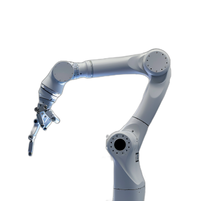 A robotic arm holding something on a black background, rendered in a hyper realistic style, in a studio shot, with high resolution, using octane render, as a 3D rendering, with a white and grey color palette, as a product photography shot, from a side view, with a centered composition, featuring a minimalistic design with an industrial look, clean, sleek lines.