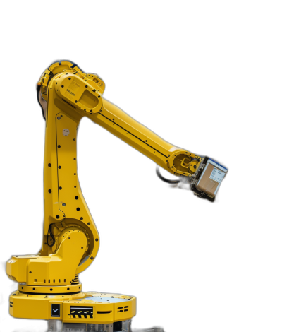 yellow industrial robot arm holding laptop on black background, side view