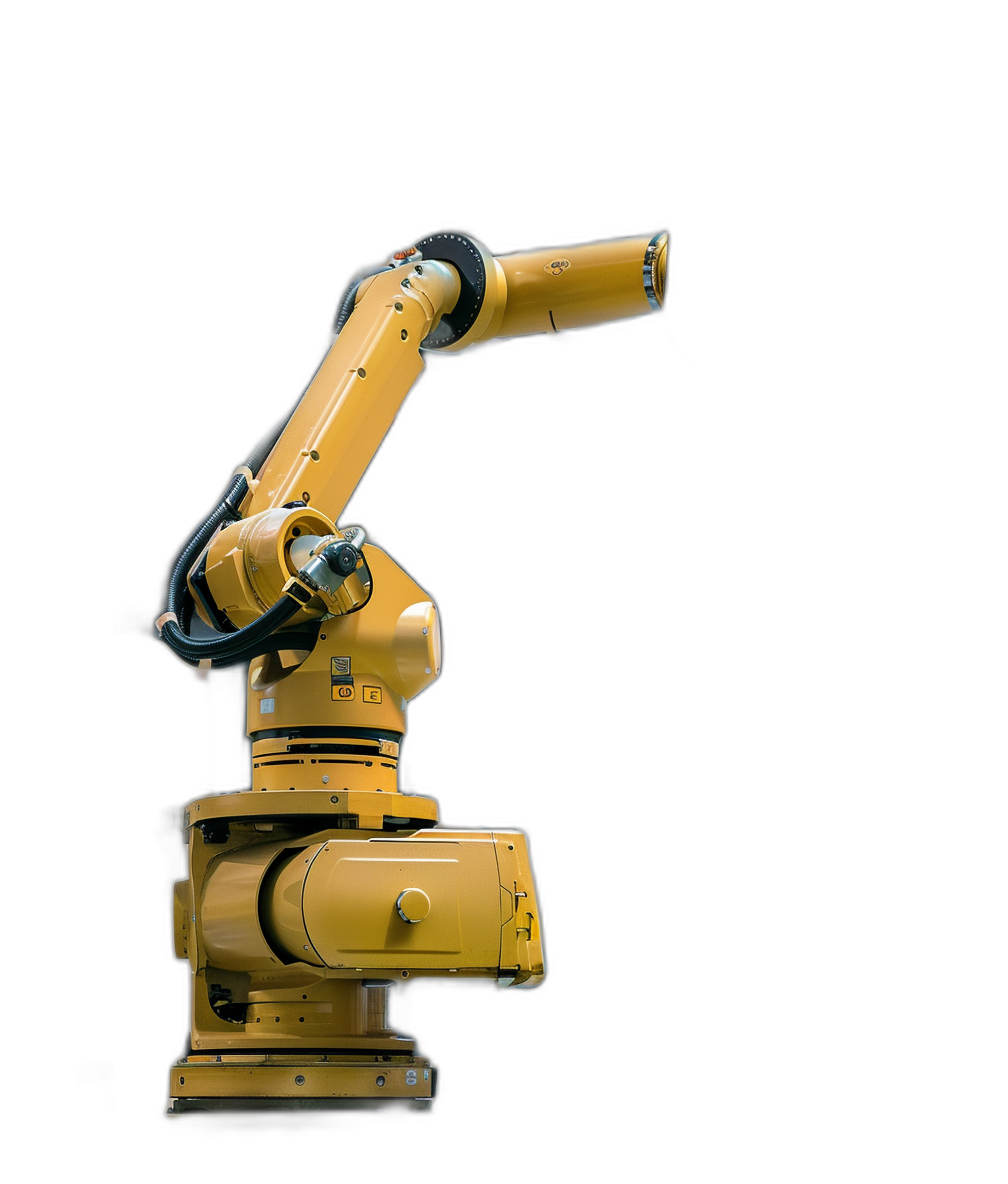 A yellow industrial robot arm on a black background, viewed from the side. The robot arm is in the style of an industrial robot with joints and servos depicted in a mechanical way against a plain black background. The scene is presented from an angle showing the side of the robot arm.