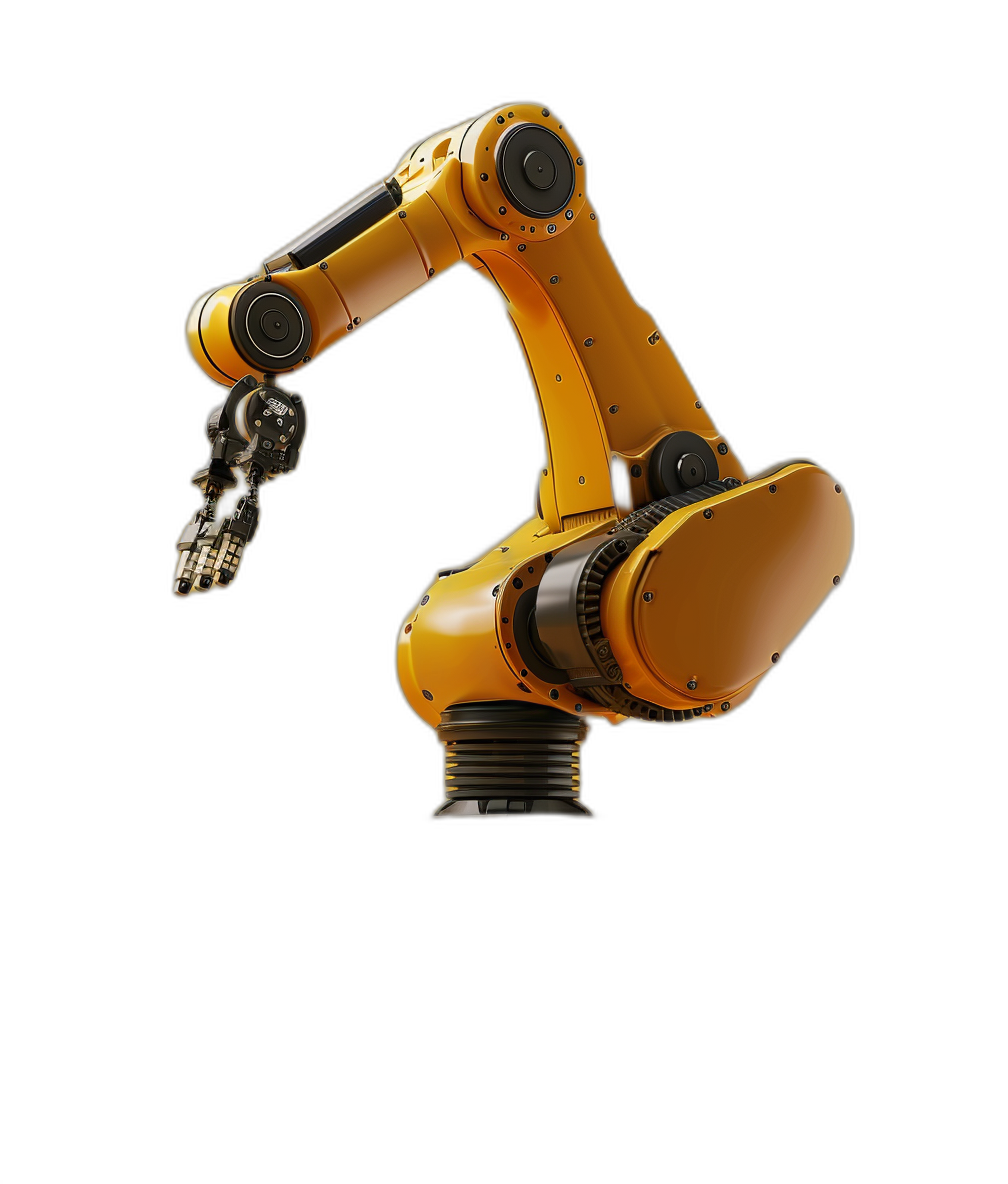 A yellow robotic arm on a black background, in an industrial style, with high resolution, hyper realistic, high detail, high quality, high definition details, in the style of hyperrealistic product photography.