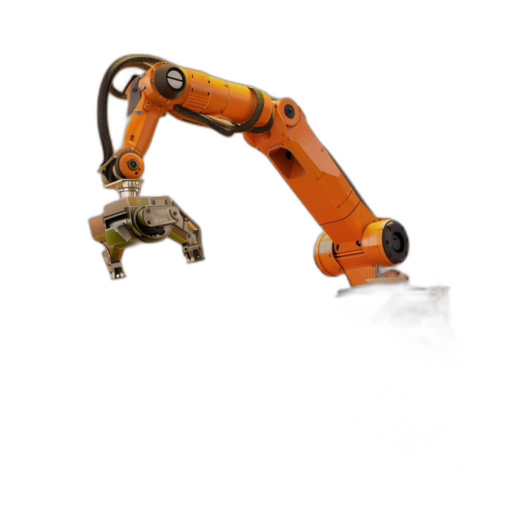 A robotic arm with orange color holding an electric tool on a black background, side view, in the photorealistic style of hyperrealism, a high resolution photography, high quality.