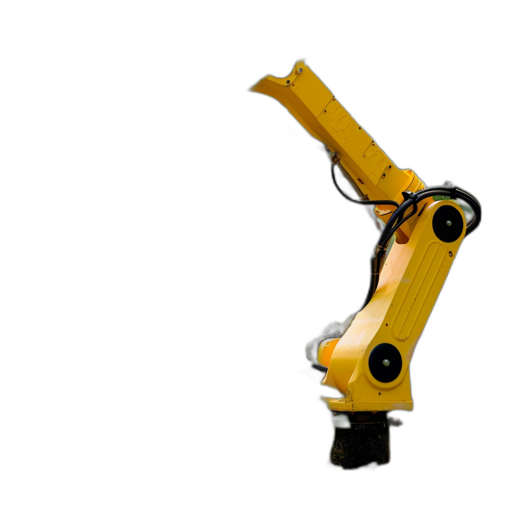 Photo of a yellow robotic arm on a black background, in an industrial concept. The robotic arm is shown in the style of modern industrial machinery, with yellow coloring and mechanical parts visible against a plain black backdrop. The image conveys a sense of automation and technology through the robotic arm subject matter and industrial theme.