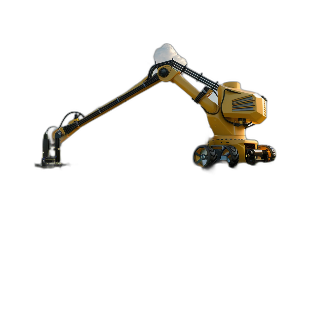 A robotic arm with an excavator bucket, floating in the air on a black background, in the style of Pixar.