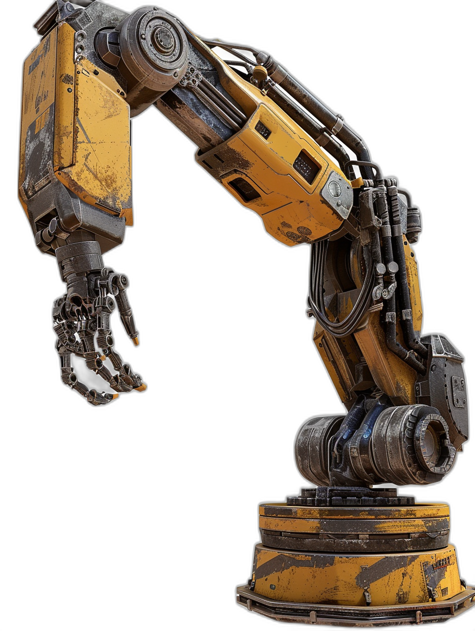 A large mechanical arm and robotic hand, worn and old yellow metal with black accents, in the style of scifi, on a solid background, concept art, game asset, 3D render, low poly style.