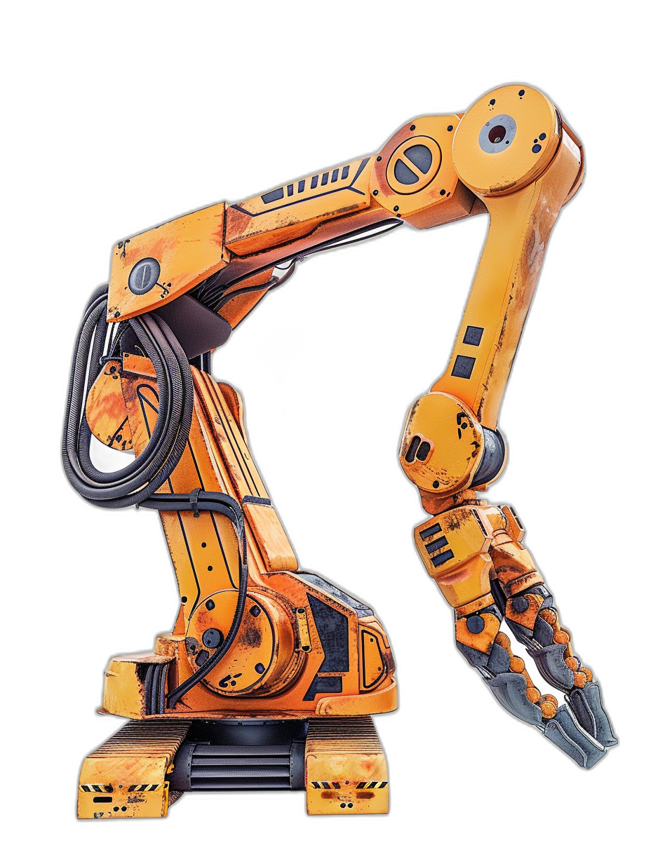 An industrial robot arm in orange color on a black background, viewed from the side, painted in the style of hand painted with oil paint, hyper realistic.