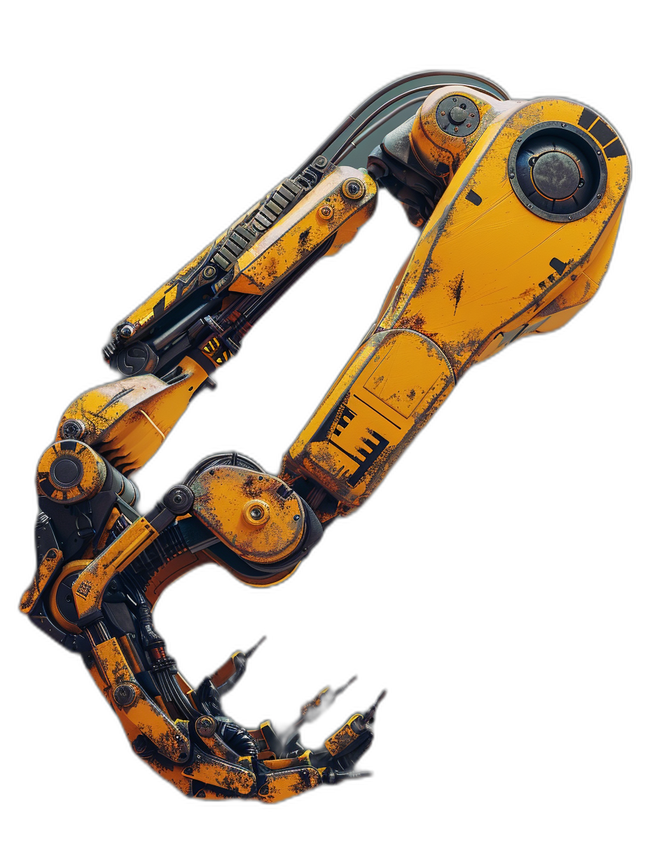 A yellow and black cyberpunk robot claw arm, concept art, 2D digital painting, plain background, in the style of plain background.