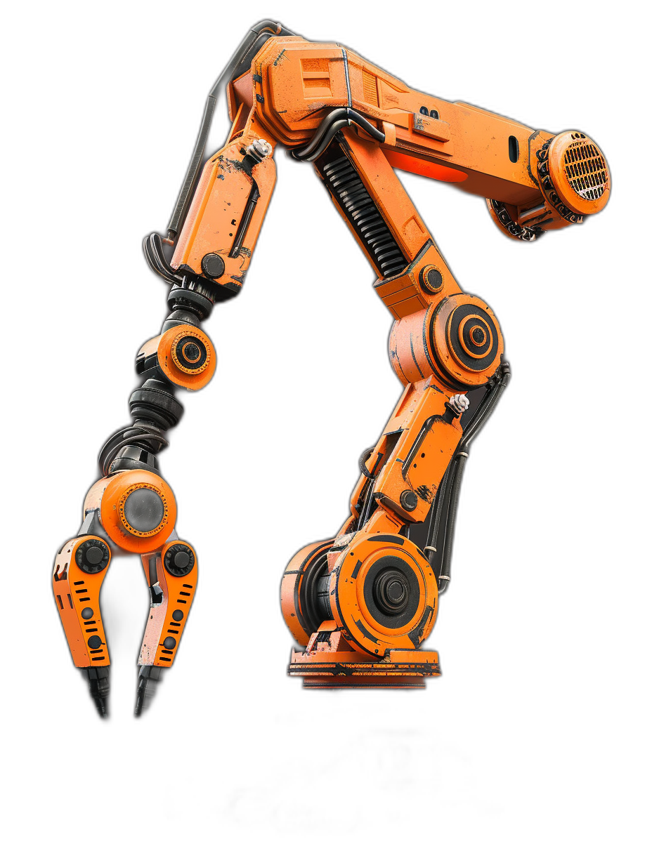 A robotic arm with orange and black color, on the left side of it is an industrial machine tool in a black background, shown from the front view, with high resolution, high quality, high detail, hyper detailed photography, in the style of a stock photo.