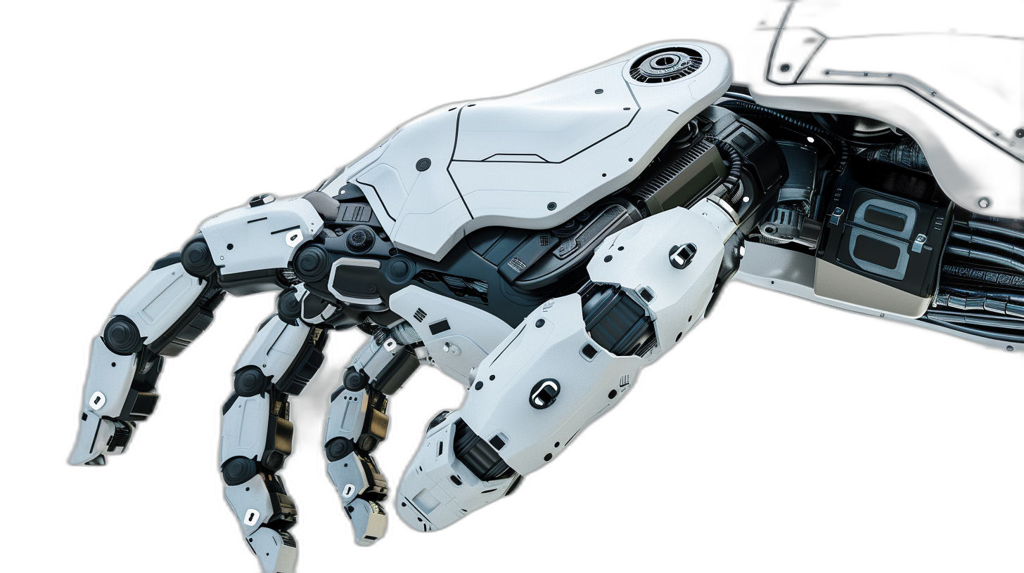 A robotic hand, white and black in color with metal parts, in the style of scifi, black background, high resolution, professionally photographed, hyper realistic, with high detail