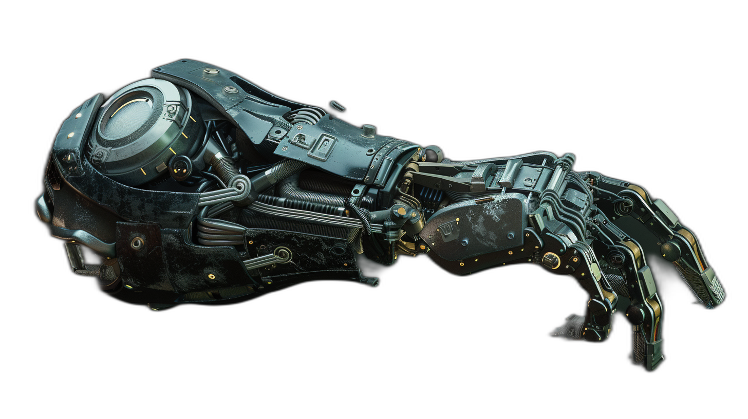 An advanced cyberpunk mechanical arm with technology, isolated on a black background, a game asset rendered in detail in the style of Unreal Engine.