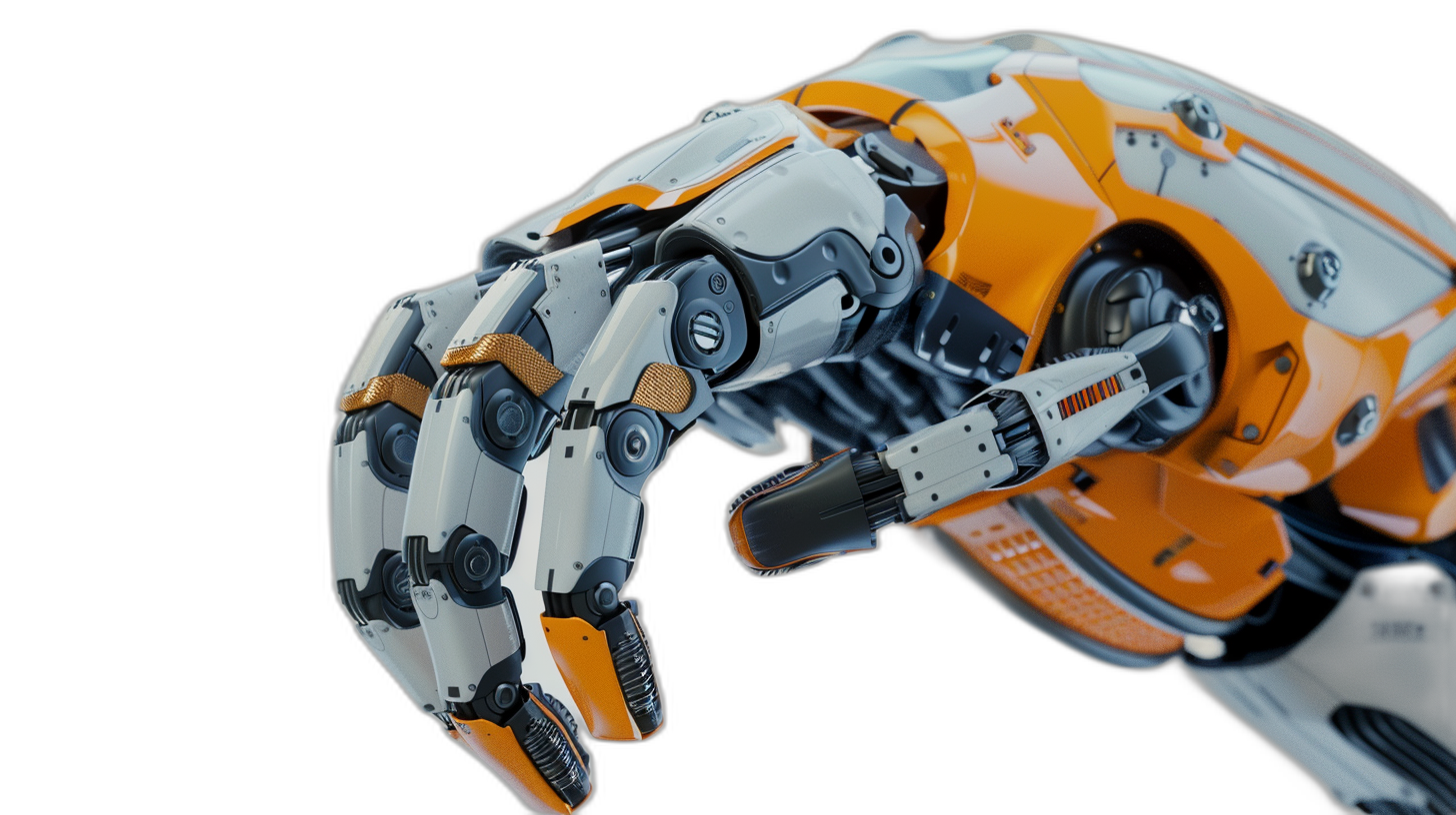 3D render of a robotic hand holding something on the side, with an orange and white color scheme, on a black background, rendered in Blender, with a 50mm lens, demonstrating depth of field, high resolution photography, with insanely detailed fine details, on an isolated plain, with stock photo quality.