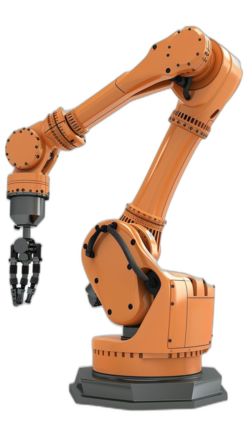 industrial robot arm holding an tool, isolated on black background, photorealistic, hyperrealism, orange color