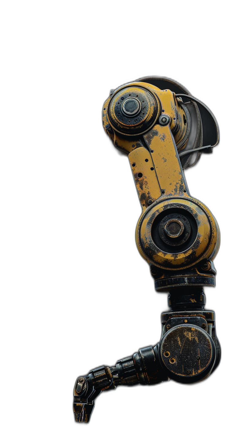 A yellow and black robot arm, on the side of its body is painted with dark brown color, the head of that machine has three circular wheels on it’s top part, it stands straight up in front of an allblack background, studio photography, cinematic light, high contrast, hyper realistic, super detailed