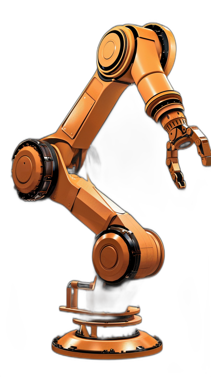 A robotic arm on a black background, viewed from the side, is a high resolution, highly detailed, realistic photo of an industrial robot colored orange with its two arms raised up, showing the entire upper part, against a solid dark gradient background in the style of hyperrealistic, sharp focus, studio lighting, professional photography, high quality.