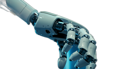 close up of white robot arm, reaching out to touch something on black background, high resolution photography, high details, high quality, high sharpness, hyperrealistic photograph, cinematic lighting, volumetric light, blue and silver colors, isolated in dark background