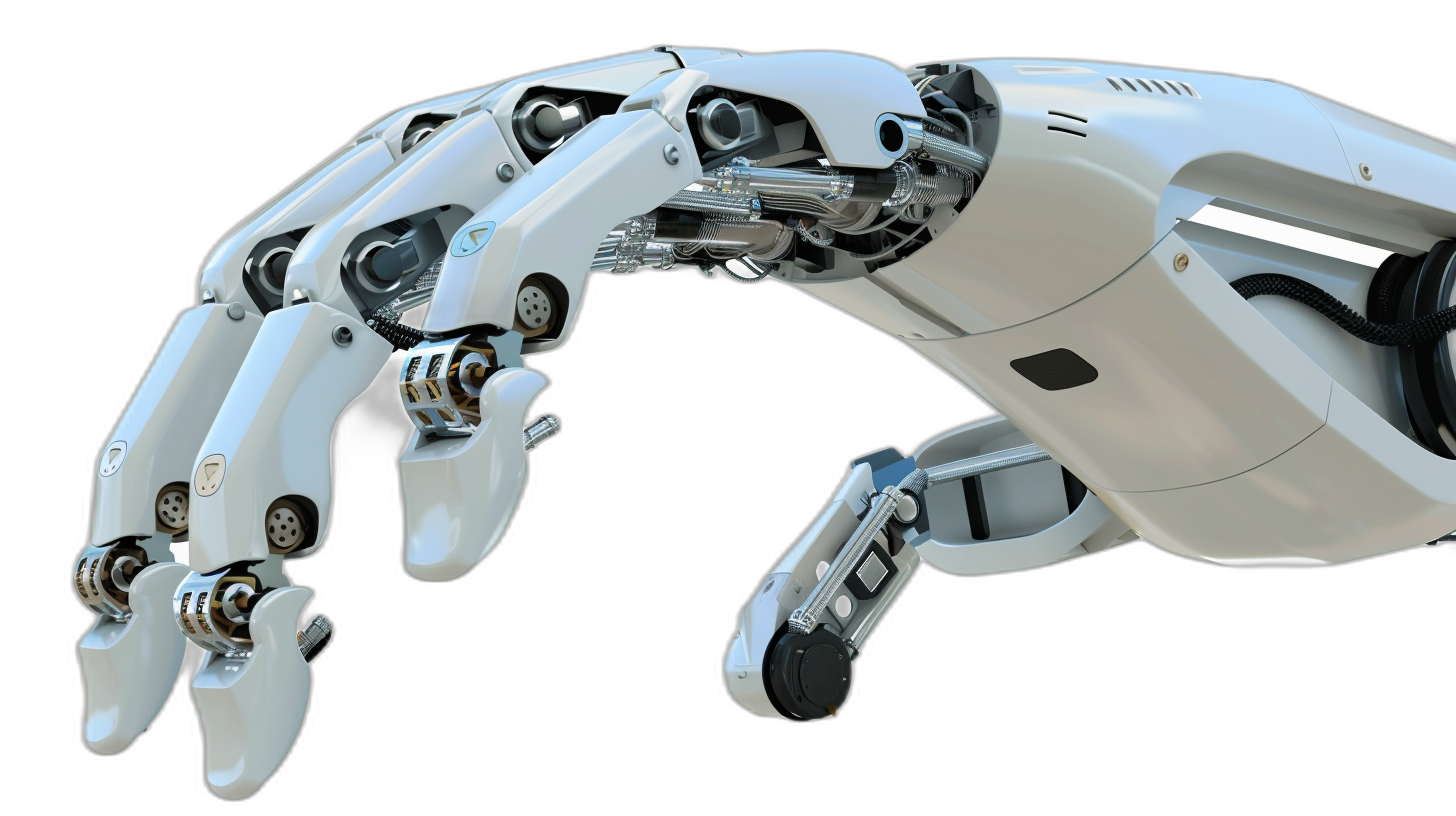 A robotic hand with three fingers, white color and black background, futuristic design, closeup of the robot’s palm facing forward, showing detailed mechanical parts and control features, isolated on black background, high resolution, realistic details, 3D rendering style, professional photography, high dynamic range, studio lighting.