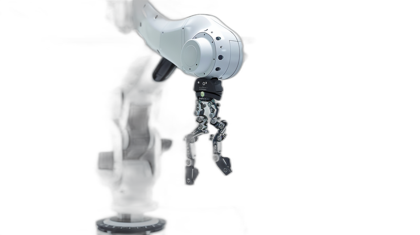 A robotic arm holding a black and white small robot, smoke coming out of the back end, black background, hyper realistic photography