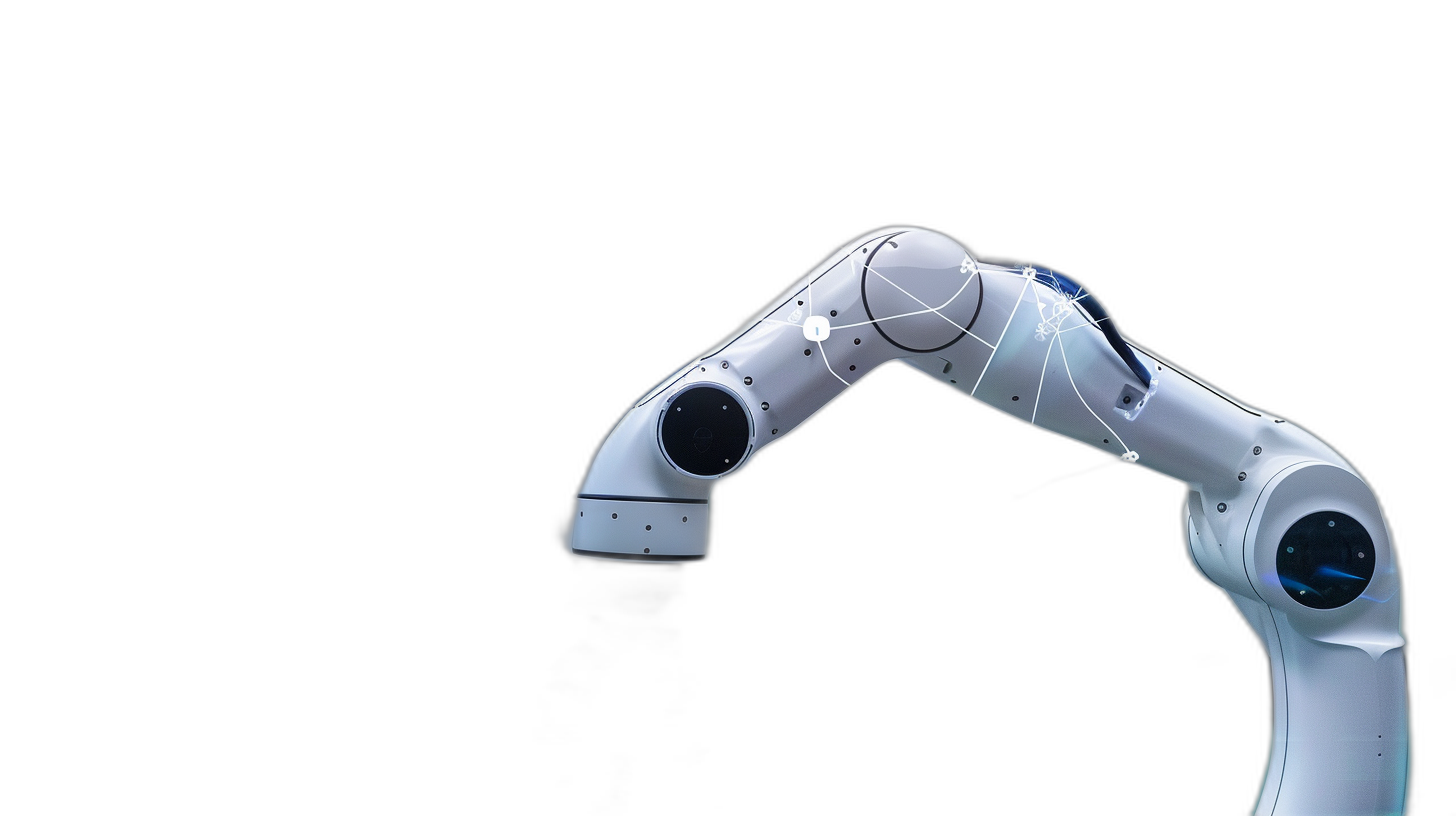 Photo of a robotic arm on a black background, with white and blue colors and rim lighting, in a minimalistic style, stock photo, simple composition, with a feminine color palette, shot from the side at a 3/4 angle view with a wide-angle lens, in daylight, with bright colors, with high resolution photography, with hyperrealistic details and high detail.