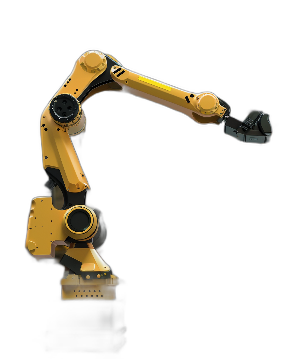 A yellow and black robotic arm on a solid dark background, with high detail, studio photography, shot from the side in a hyper realistic style.