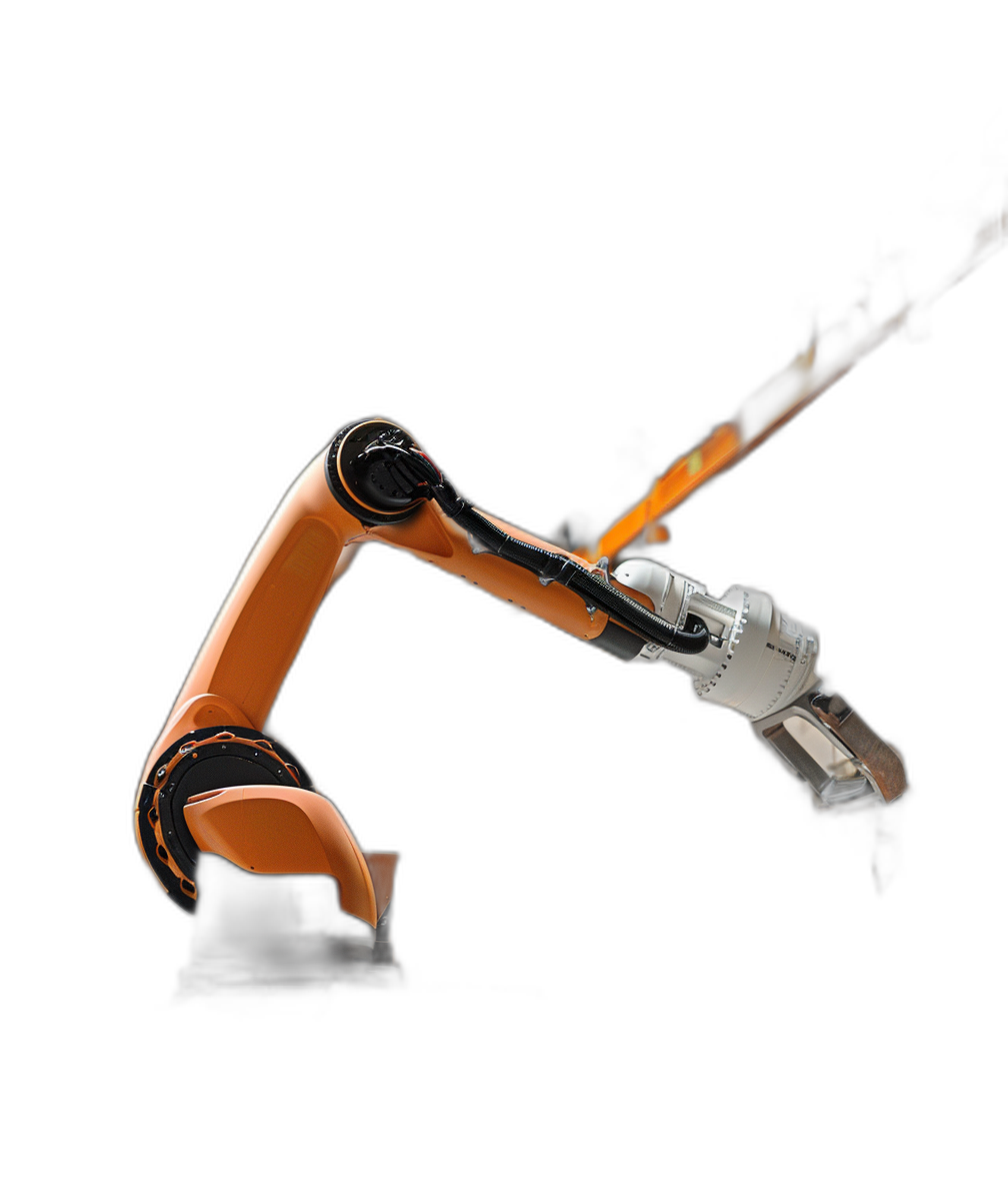 An orange robotic arm is welding on a black background in a side view. It is a high resolution, high detail, full body shot photographic image in the style of high quality photo.