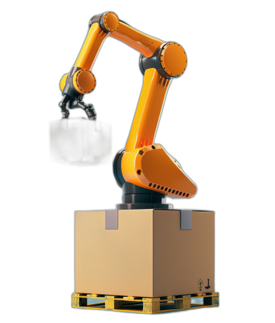 A robotic arm is holding the box on top of pallets, with an orange color and black background. It has a 3D rendering effect and uses a solid white studio lighting style. The robot's mechanical precision creates a sense of technology while conveying industrial production scenes. Use a 45 degree side view angle to highlight product photography in the style of studio lighting.