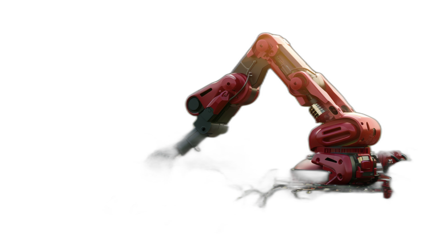 A robotic arm performing an acrobatic pose on a black background in a low angle shot, with pink and red hues and high contrast, from the side view with a wide angle lens, illuminated in the style of bright studio lights, isolated from the environment.