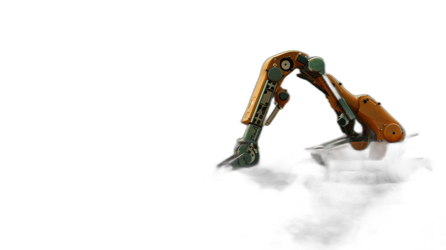 a robot arm on black background, with orange and green color, shot from the side, high resolution, high quality, detailed, cinematic, sharp focus, full body, wide angle,