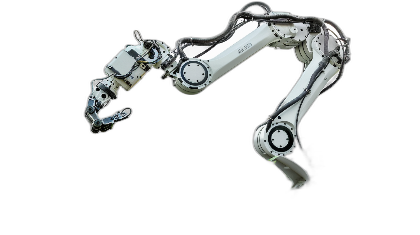 A robotic arm floating in the air against a black background, with a white robot body having a metallic texture and mechanical precision shown at high resolution, without shadows on a dark gradient background, in the simple design style of an industrial product display, with a cool silver color scheme, in a professionally photographed image.