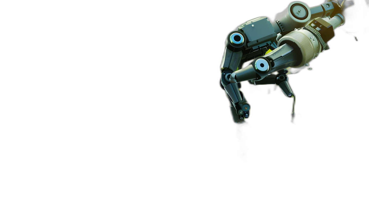 Photo of a robotic arm with two eyes on its hand, flying in the air on a black background for website design. The web banner features copy space on the left side and depicts the robotic arm in the style of having eyes on its hand as it flies through the air.