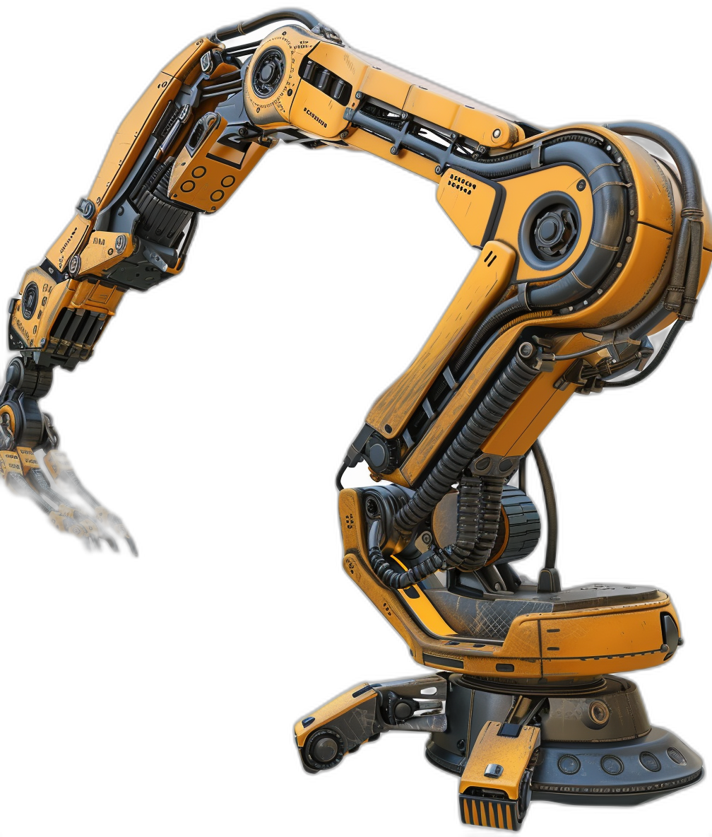 A robotic arm with two legs, 3D rendering with a black background and an orange and yellow color scheme in the style of industrial design studio lighting with high resolution, high detail and high quality in the style of a high octane render of a solid model with hard surfaces created in Blender.