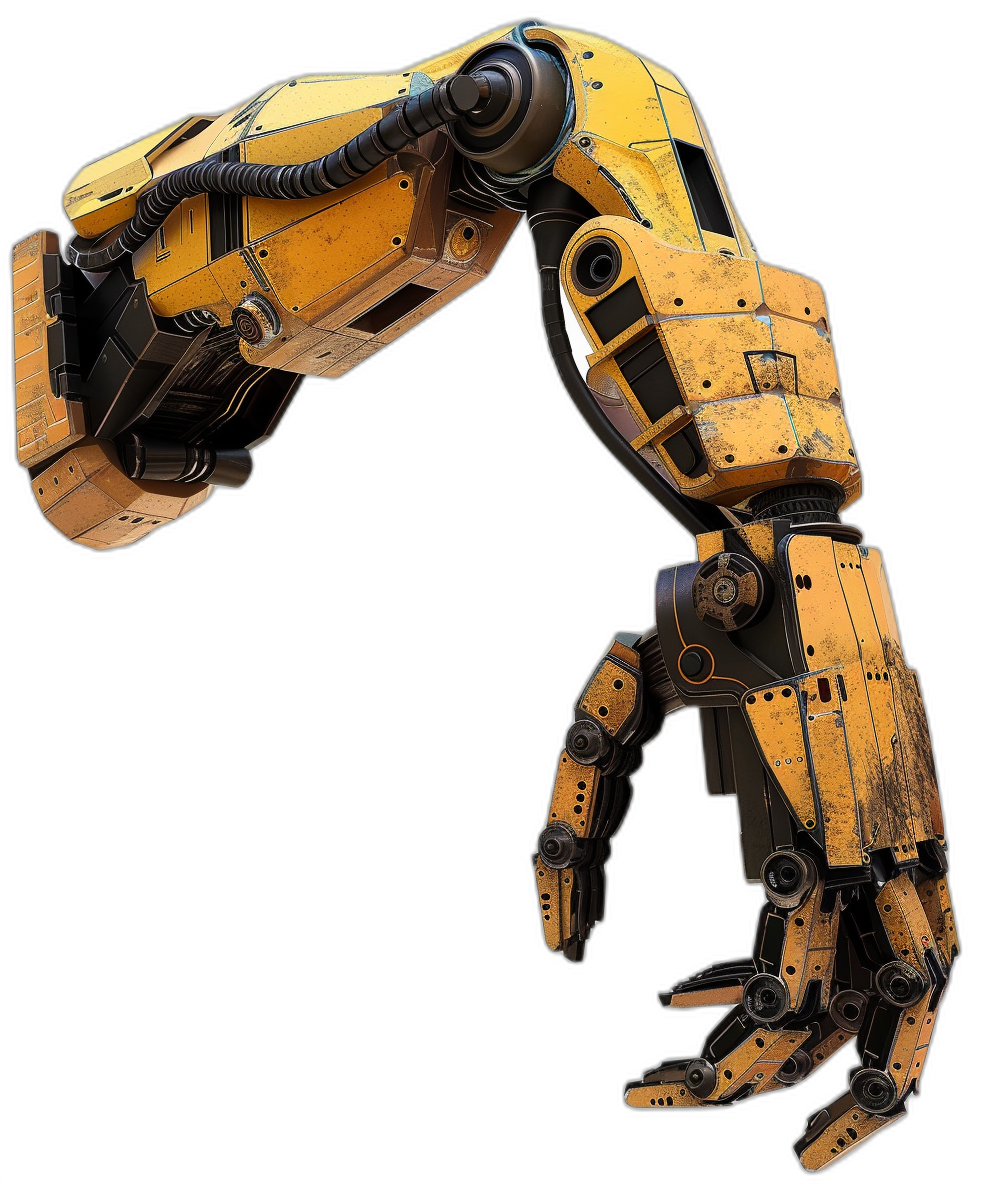 A yellow mecha arm in the style of game design, dark black background, mecha body parts, cyberpunk, mechanical structure, high resolution, high quality.