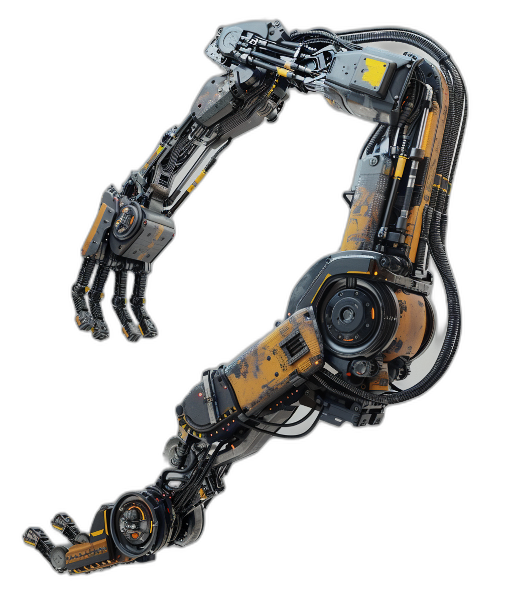 A robotic arm with a black background, from a top view angle, in the cyberpunk style, with a scifi feel, made of metal material, with a yellow and dark gray color scheme, incorporating mechanical design elements, with a three-dimensional sense of depth, displaying its full body.