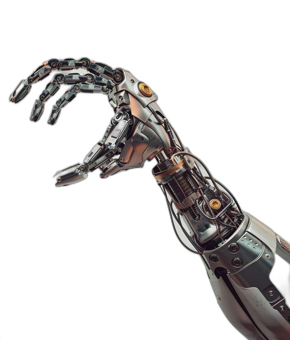 an arm of robot with bionic, reaching out to you on black background, hyper realistic photography