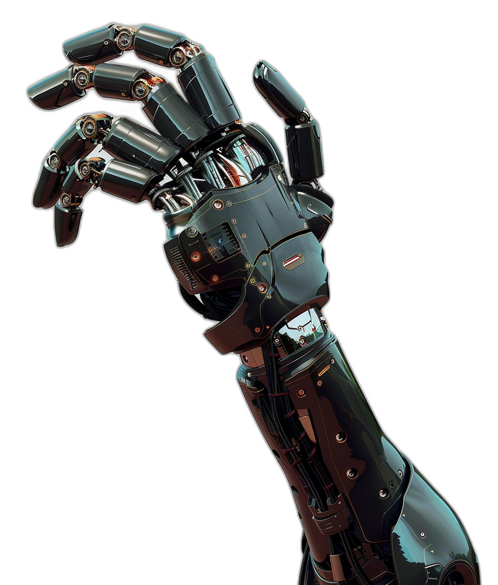 3/4 view of a cyberpunk robot arm with its hand outstretched against a black background in the style of hyperrealistic sci-fi, presented at high resolution