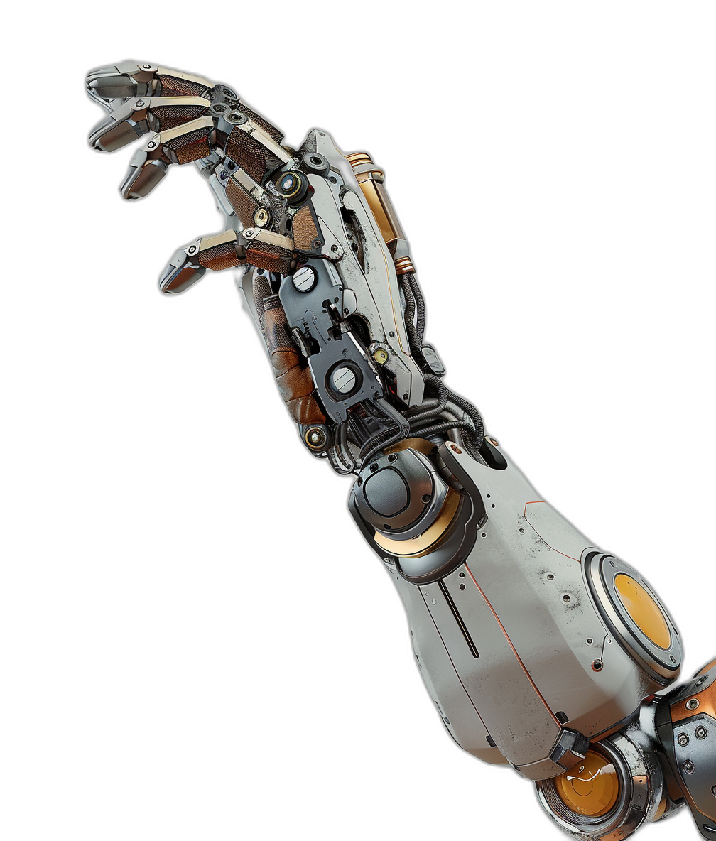 3/4 view of a cyberpunk robot arm with the hand in an outstretched pose on a black background, in the hyperrealistic scifi style of silver and white metal with orange details.