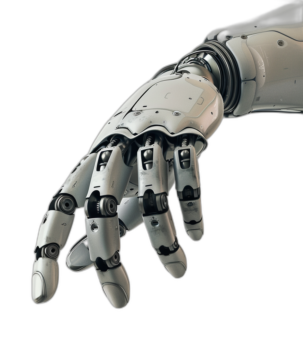 Closeup of the hand and arm of an advanced robot, white metal with black details, reaching out to touch something on a pure solid background. High resolution, high detail, realistic product photography in the style of photorealism. Isolated on a dark black background with cinematic lighting.