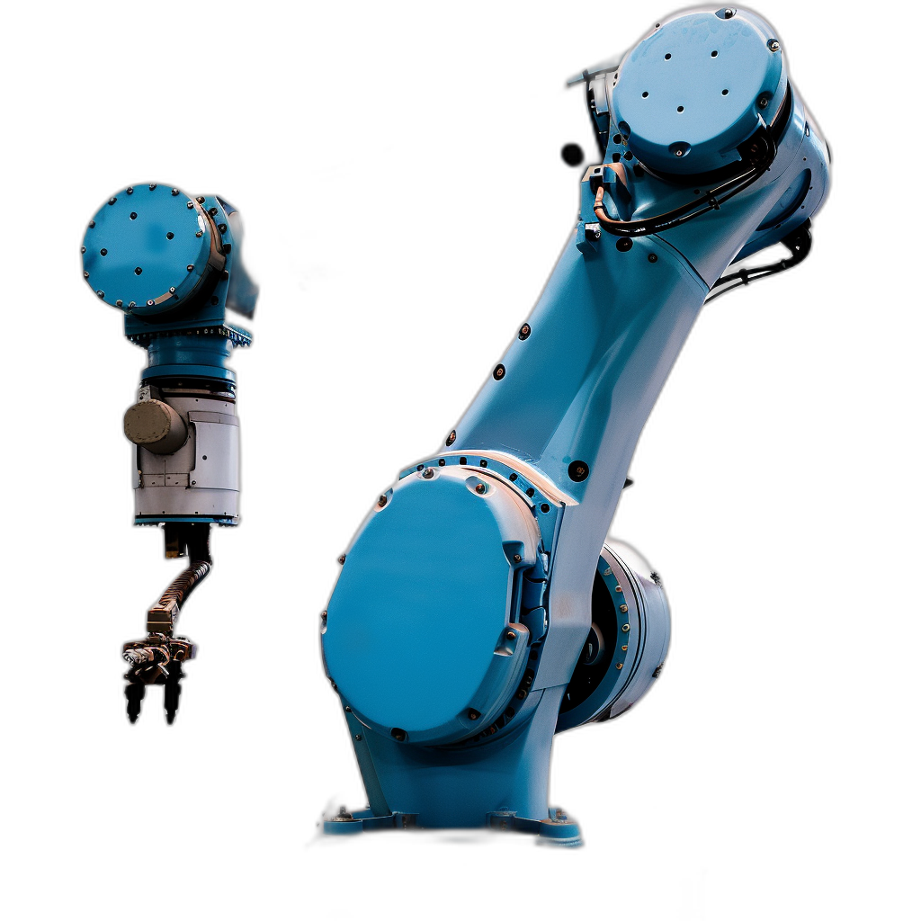 A blue robotic arm on a black background, shown from the side with a full body shot, in the style of high resolution photography. Insane details, fine details, isolated plain, stock photo, professional color grading, award winning composition.