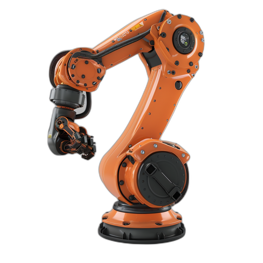 A side view of an industrial robot arm on black background, orange and dark grey color palette, 3d rendering, high resolution photography, insanely detailed, fine details, isolated white background, stock photo, professional photoshoot, awardwinning photograph, high definition, Hasselblad camera with wideangle lens