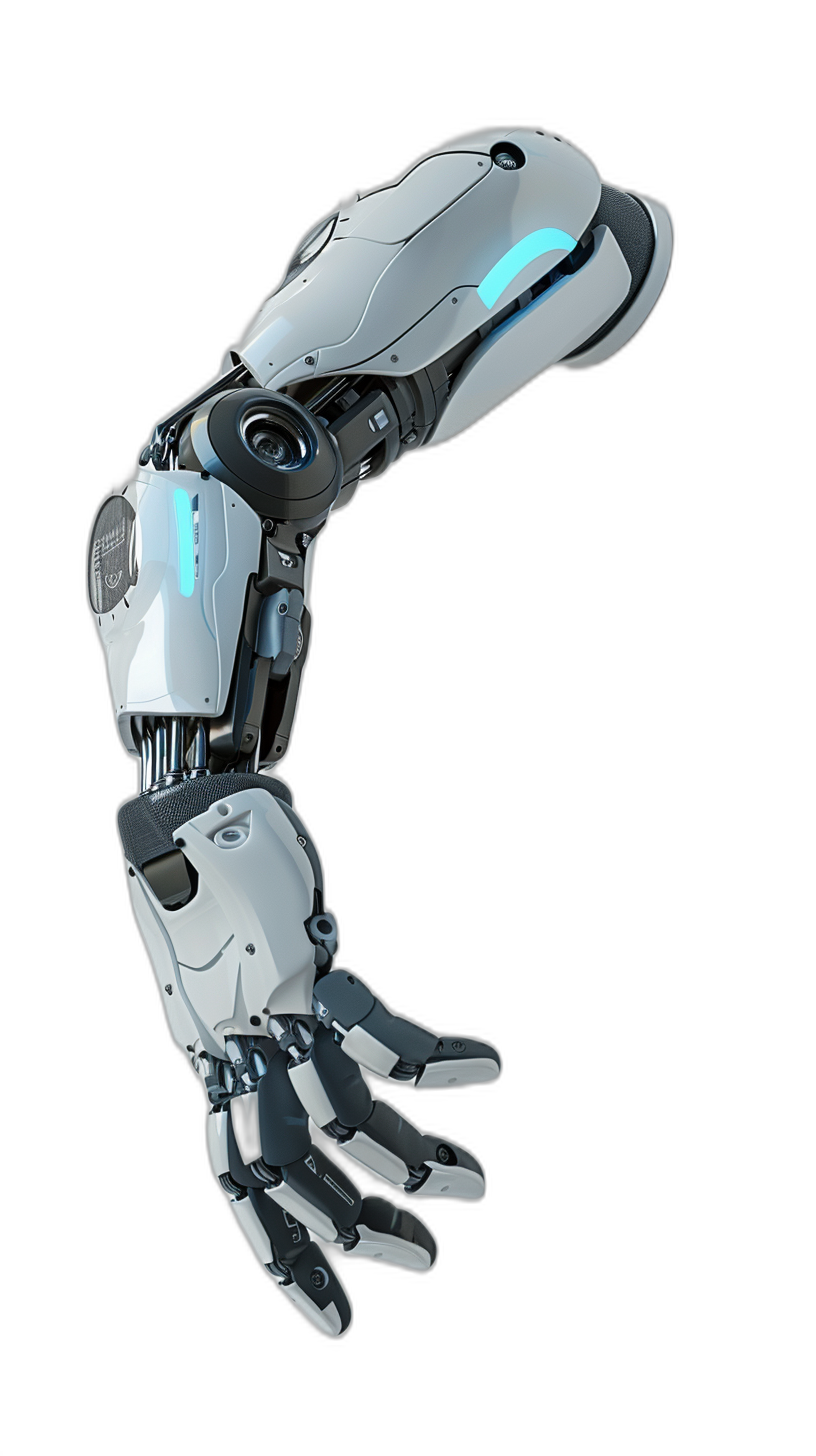 3/4 view of a white cyberpunk robot arm with a blue glowing part on the hand, in the style of a futuristic sci-fi illustration, against a black background, rendered in a hyper-realistic style like a game item.