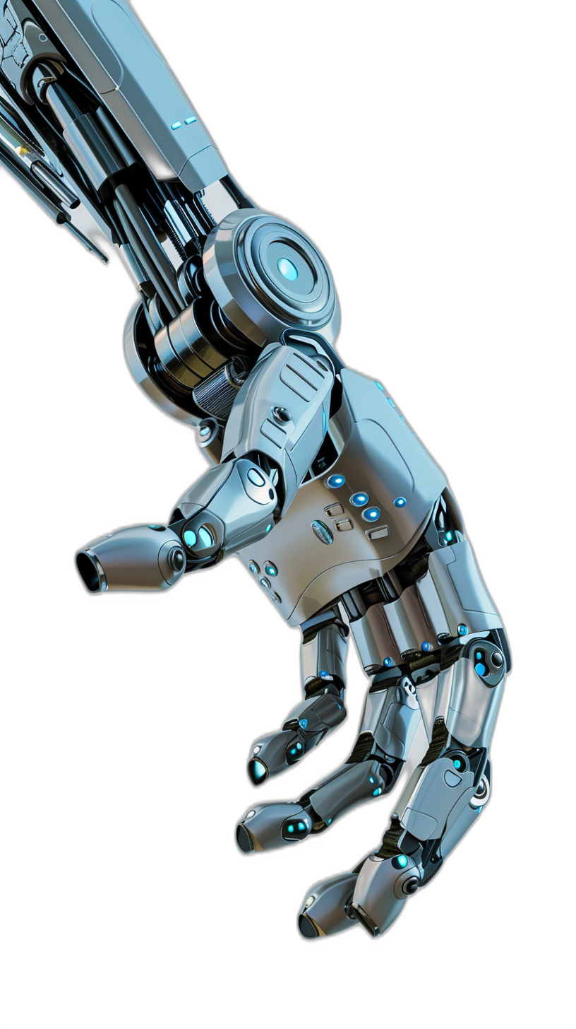 3d render of robot hand on black background, metallic material with blue lights, robotic arm extended from wrist to fingers