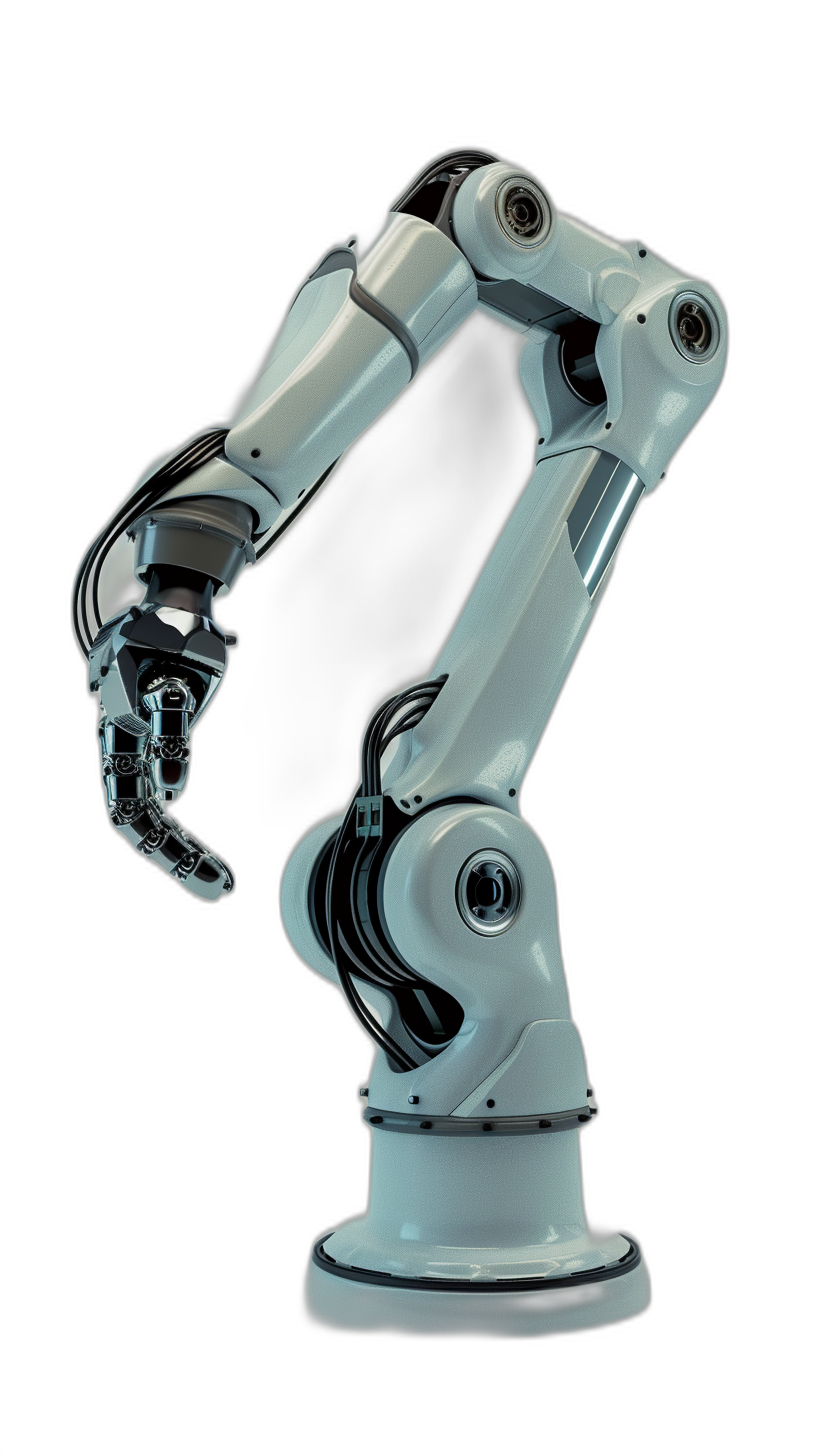 A robotic arm on a black background, with white and gray colors, in an isometric view, with studio lighting, in a high resolution photograph, with insanely detailed, fine details, isolated on a plain background, in the style of stock photography.